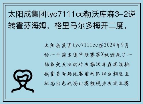 太阳成集团tyc7111cc勒沃库森3-2逆转霍芬海姆，格里马尔多梅开二度，维尔茨功不可没 - 副本