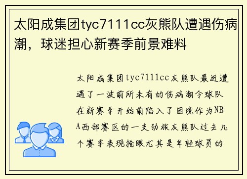 太阳成集团tyc7111cc灰熊队遭遇伤病潮，球迷担心新赛季前景难料